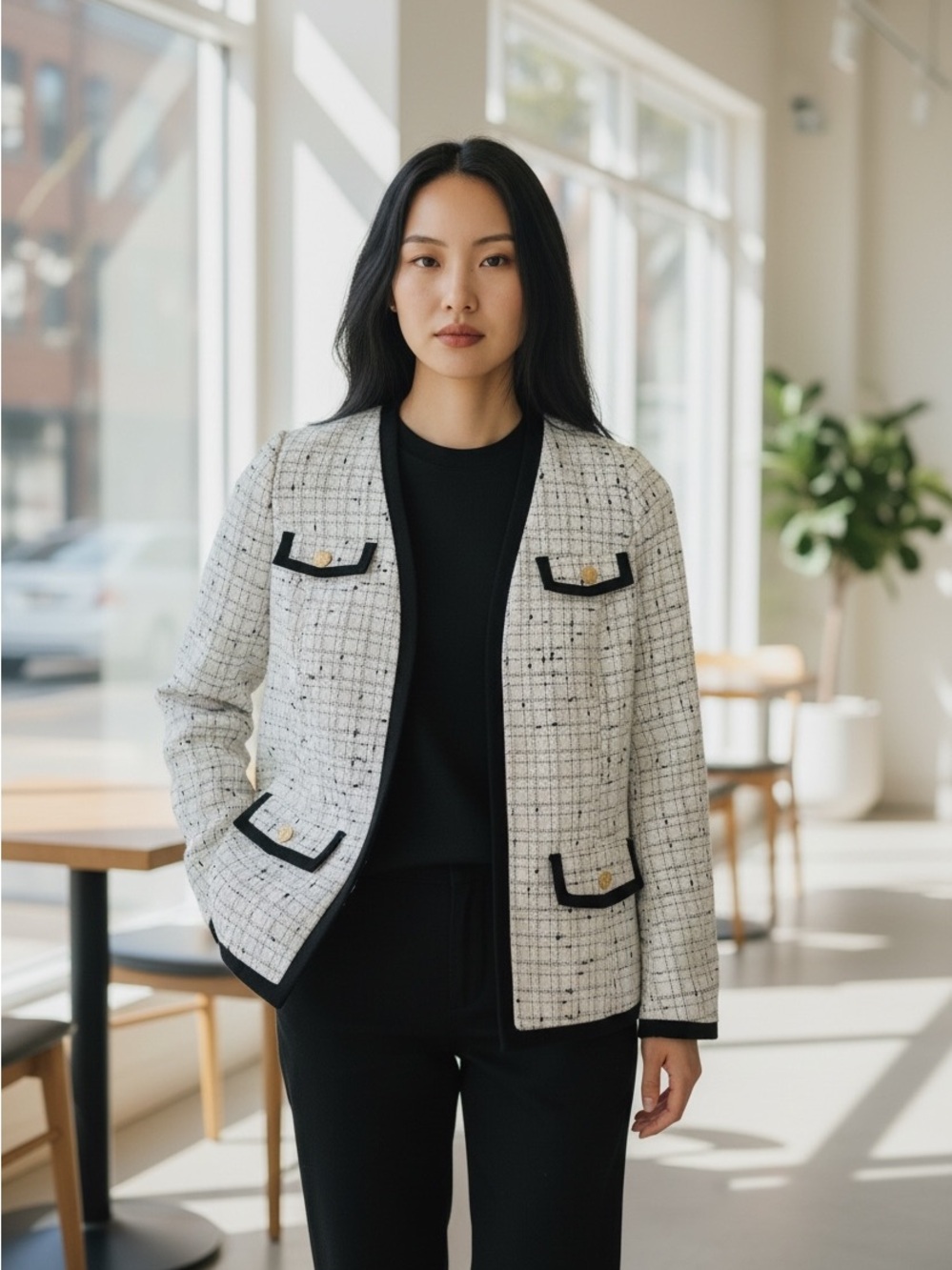 Anne Klein White Tweed Jacket with Black Trim and Gold Buttons